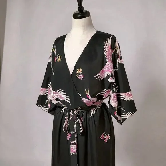 Luxe Blush and Black Blossom and Crane Print Kimono Style Junpsuit - Picture 2 of 4